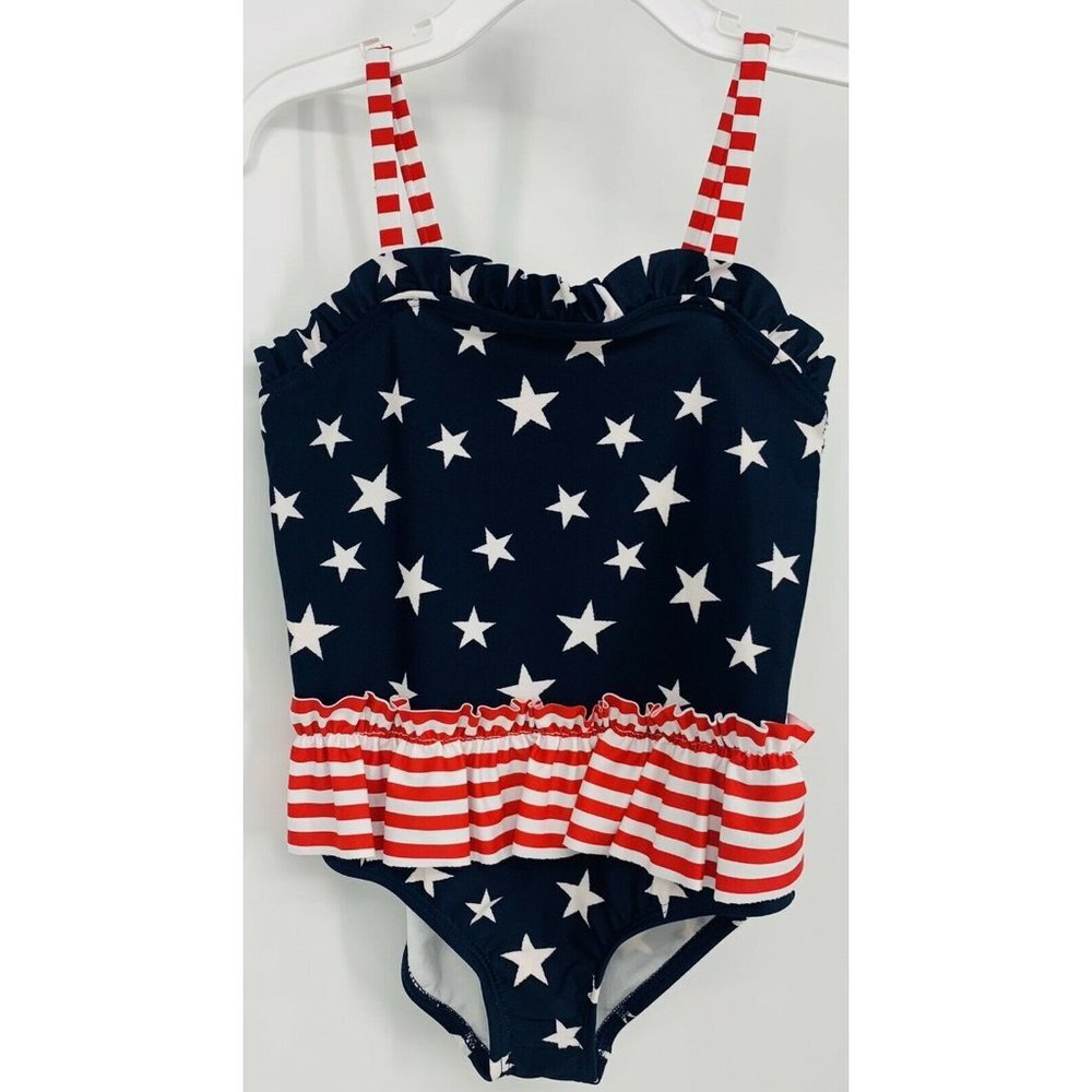 Carters Swimsuit One Piece Size 4 4T Blue White Red Star Girls Ruffle New B67